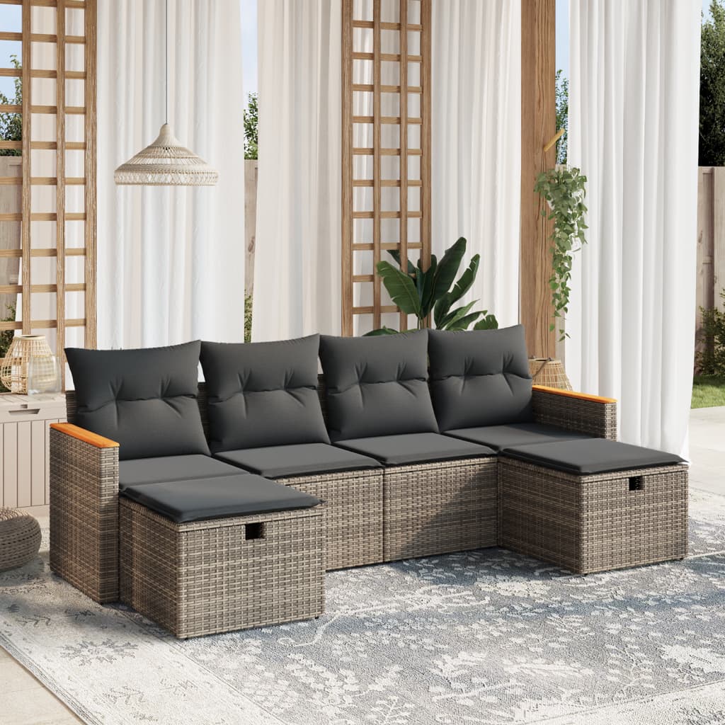 vidaXL 6-tlg. Garten-Sofagarnitur mit Kissen Grau Poly Rattan