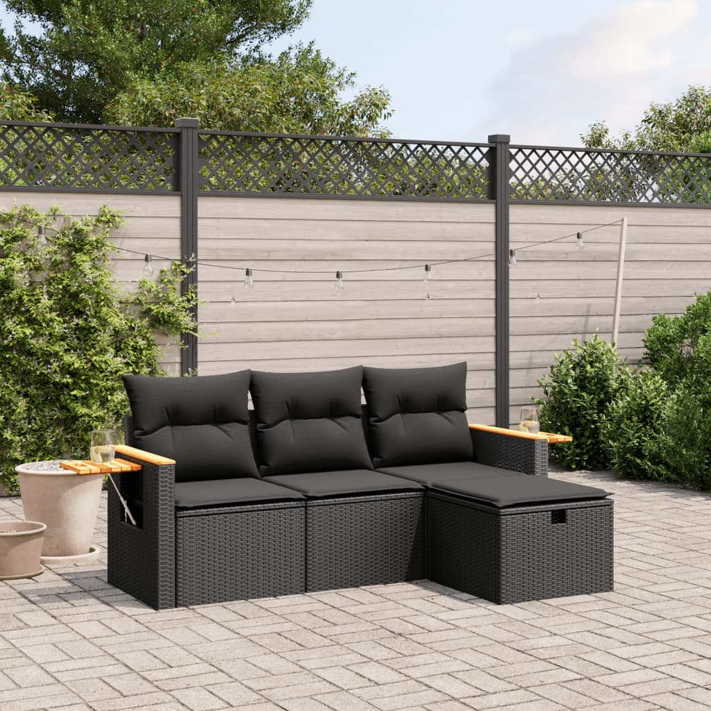 vidaXL 4-tlg. Garten-Sofagarnitur mit Kissen Schwarz Poly Rattan