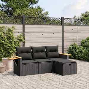 Vrtna sedežna garnitura 4-delna z blazinami črna poli ratan