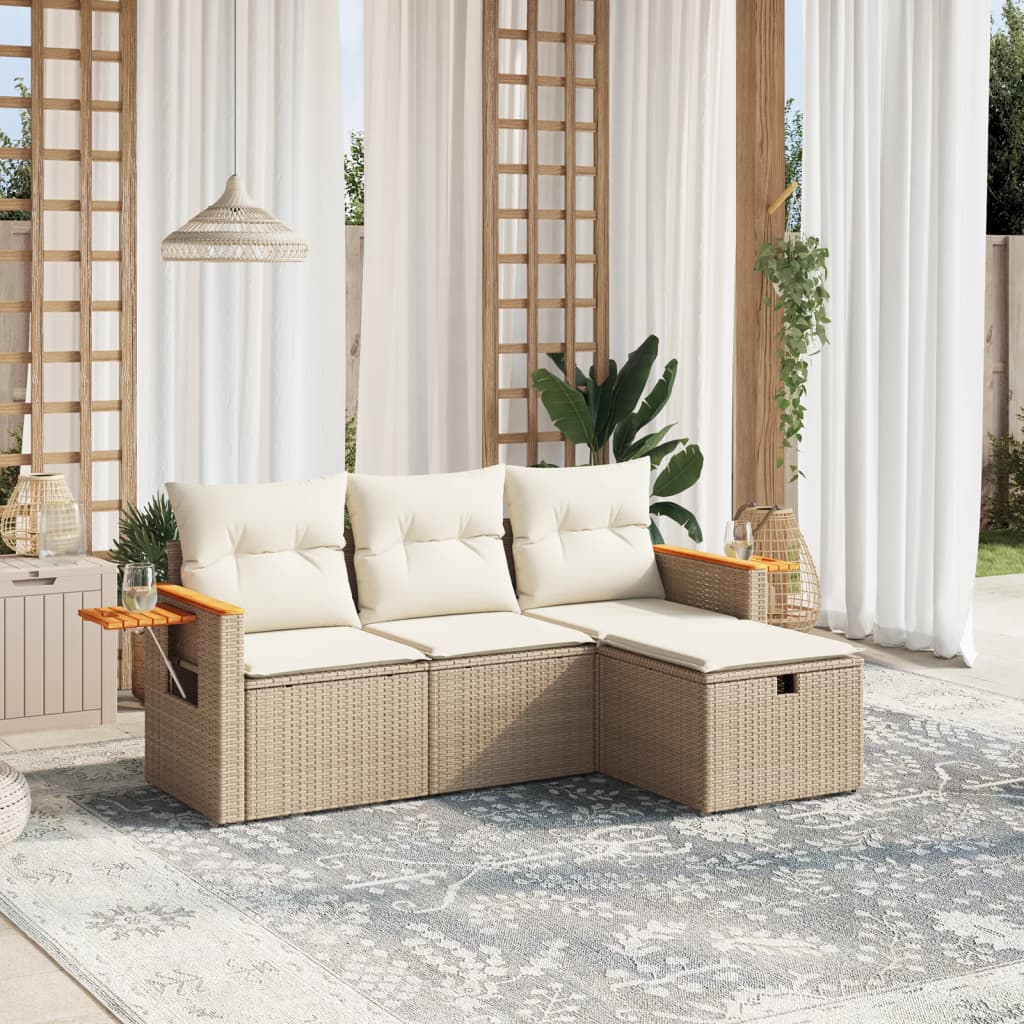 4-tlg. Garten-Sofagarnitur mit Kissen Beige Poly Rattan