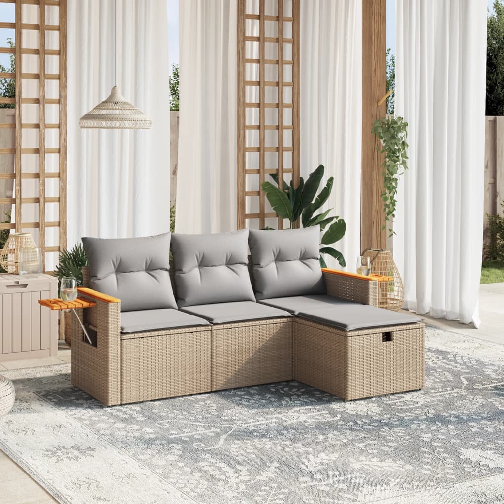 vidaXL 4-tlg. Garten-Sofagarnitur mit Kissen Beigemischung Poly Rattan