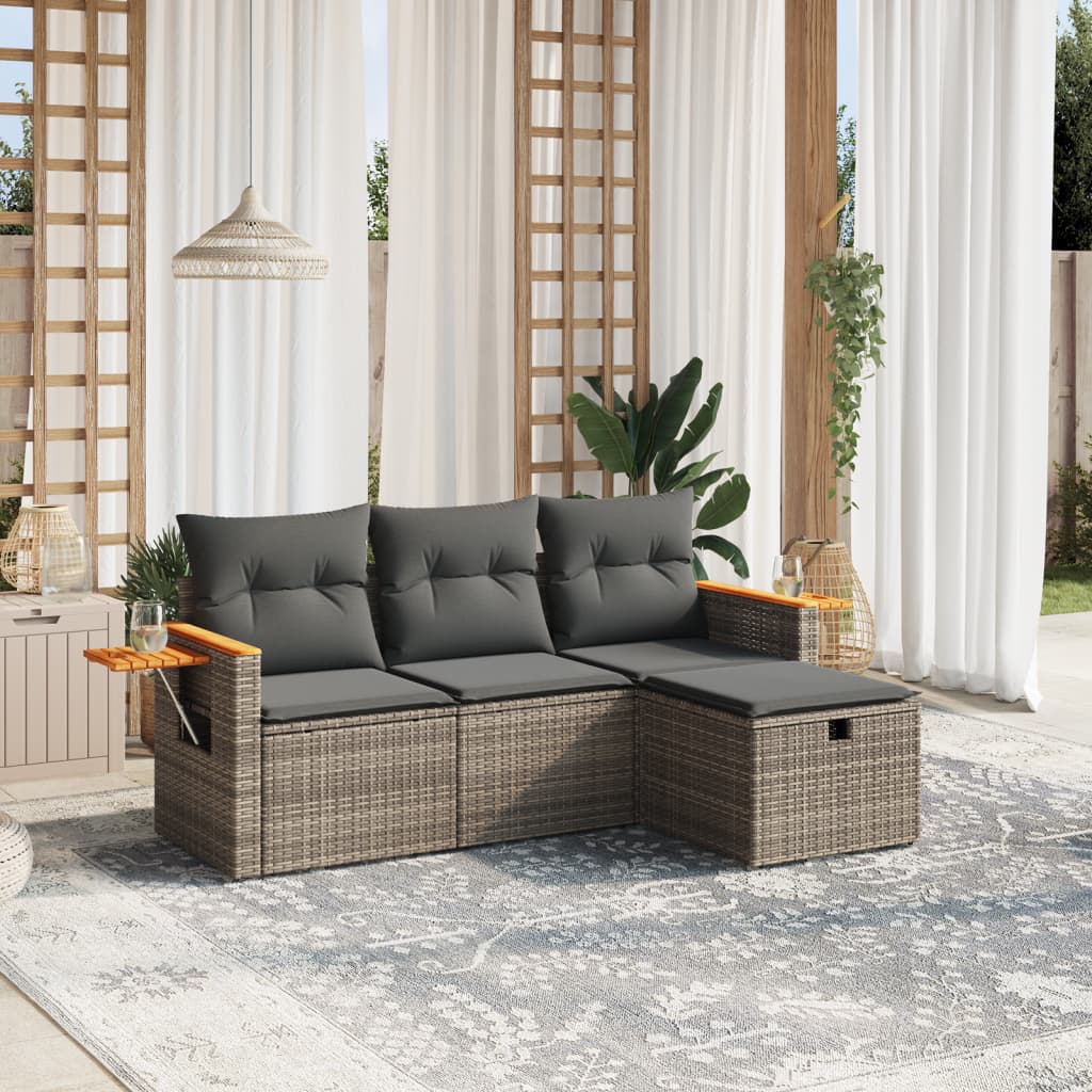 vidaXL 4-tlg. Garten-Sofagarnitur mit Kissen Grau Poly Rattan