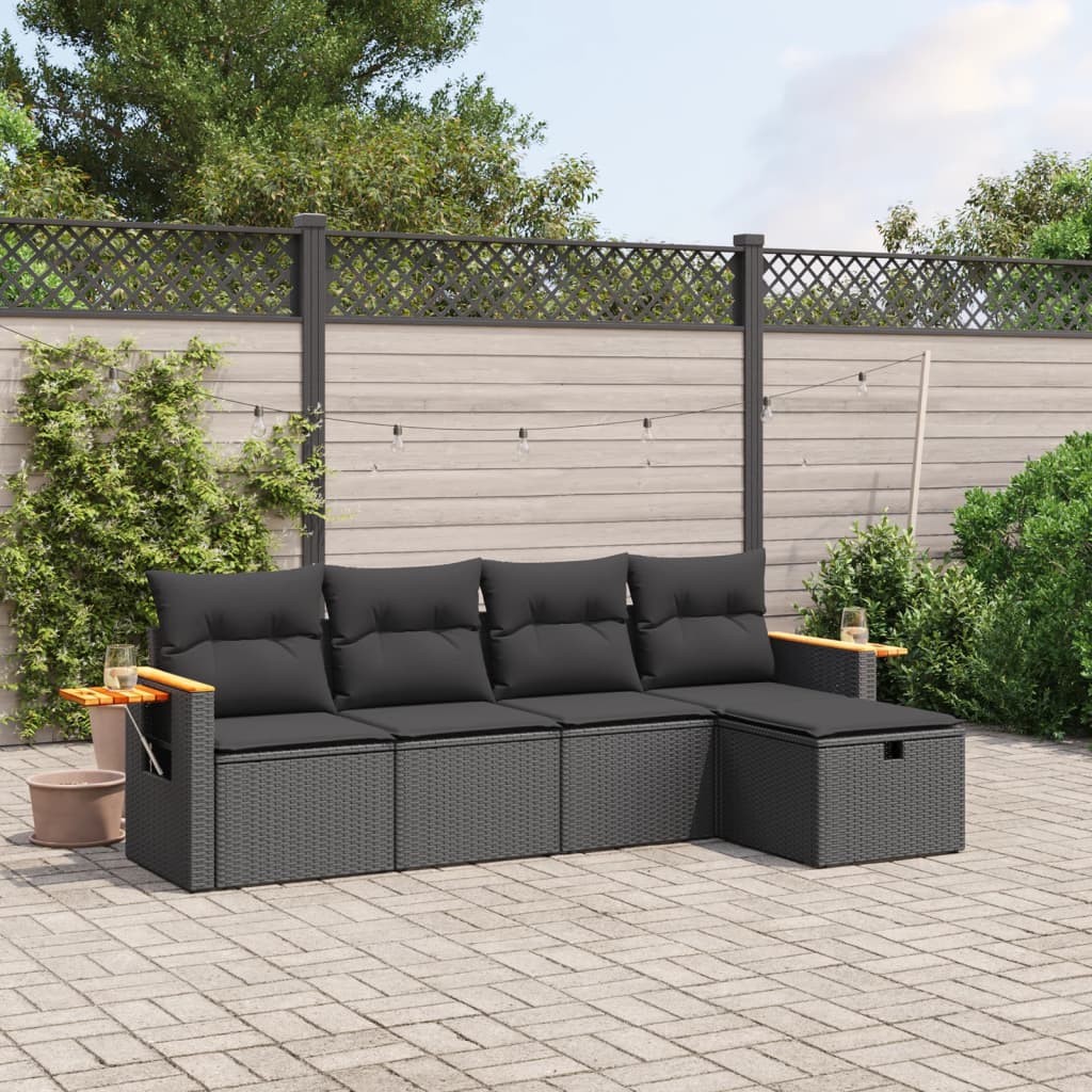 vidaXL 5-tlg. Garten-Sofagarnitur mit Kissen Schwarz Poly Rattan