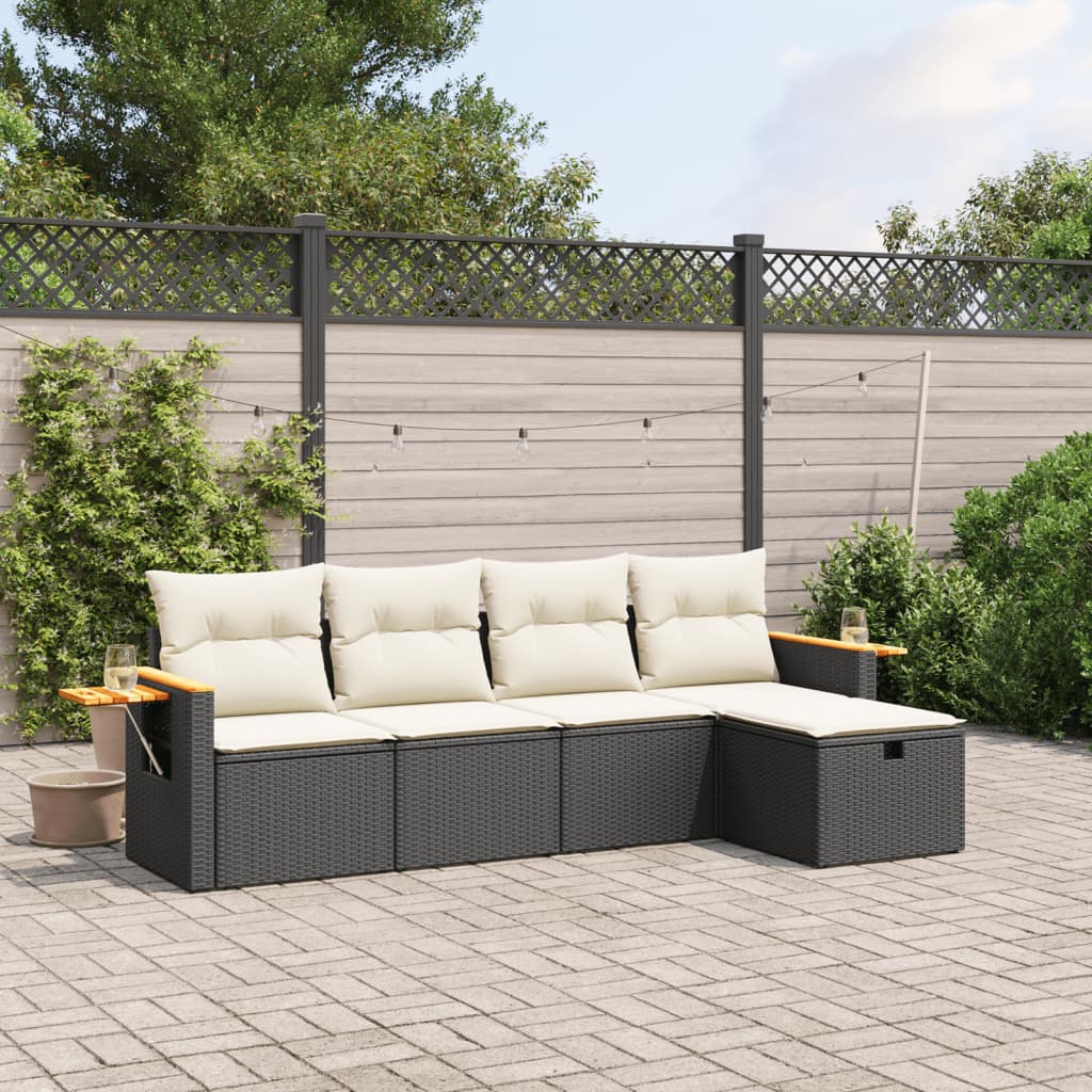 5-tlg. Garten-Sofagarnitur mit Kissen Schwarz Poly Rattan