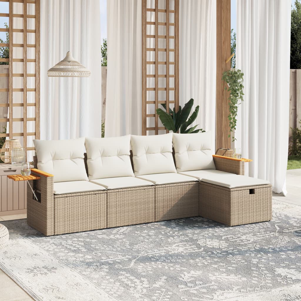 vidaXL 5-tlg. Garten-Sofagarnitur mit Kissen Beige Poly Rattan