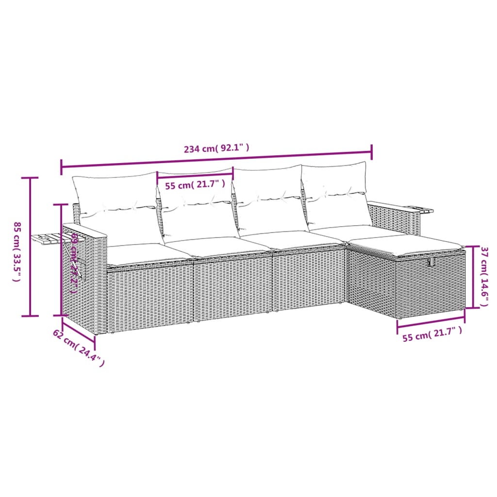 vidaXL 5-delige Loungeset met kussens poly rattan gemengd beige afbeelding