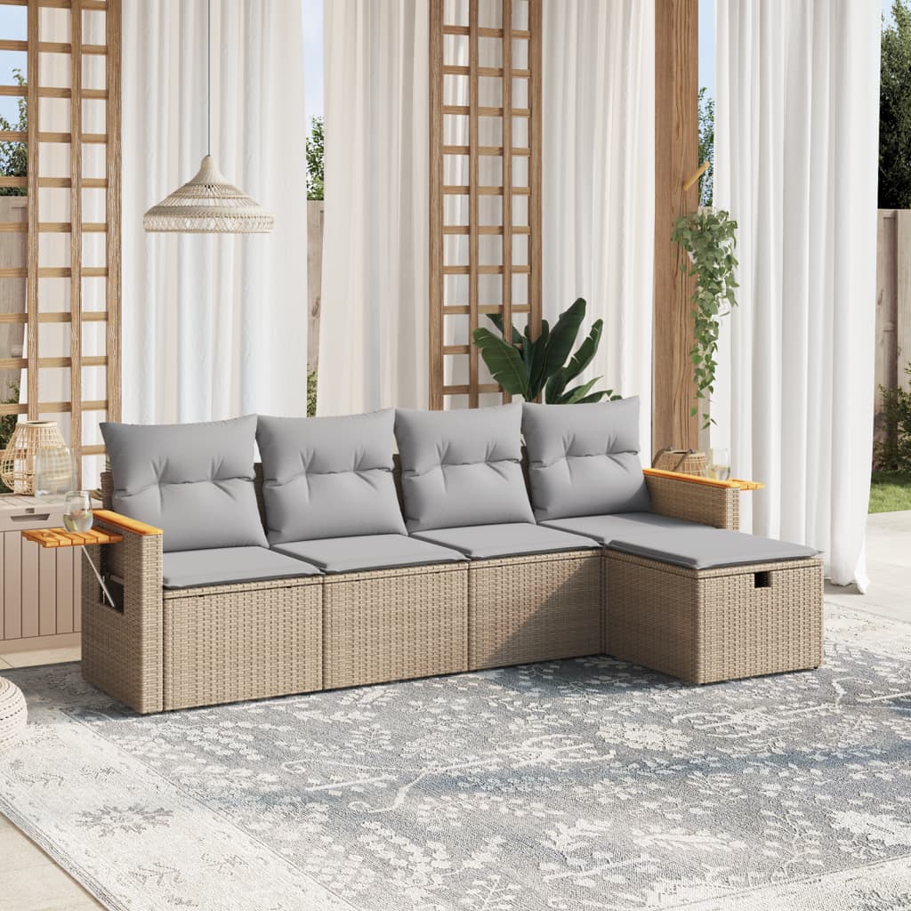 vidaXL 5-tlg. Garten-Sofagarnitur mit Kissen Beige Poly Rattan