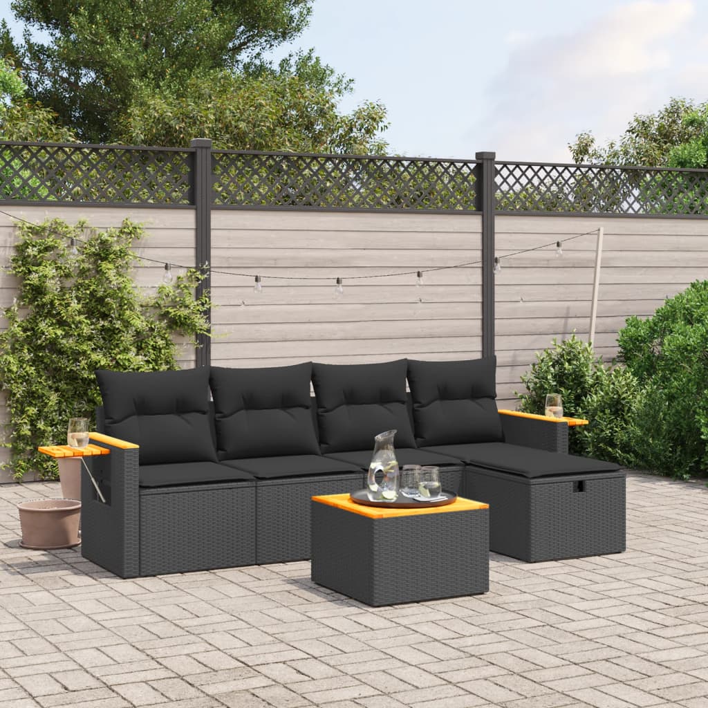 vidaXL 6-tlg. Garten-Sofagarnitur mit Kissen Schwarz Poly Rattan