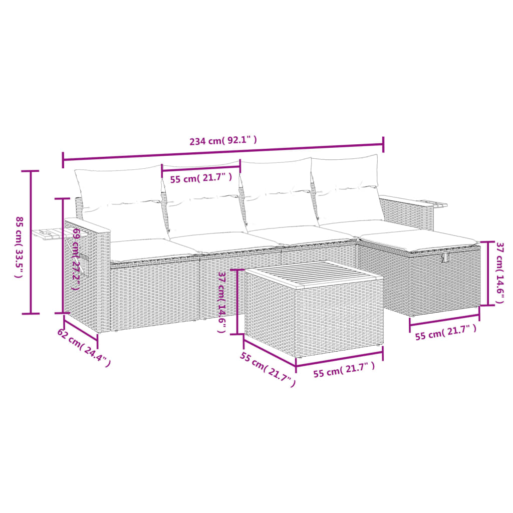 Set mobilier de grădină cu perne, 6 piese, negru, poliratan 3265508 - imagine 4