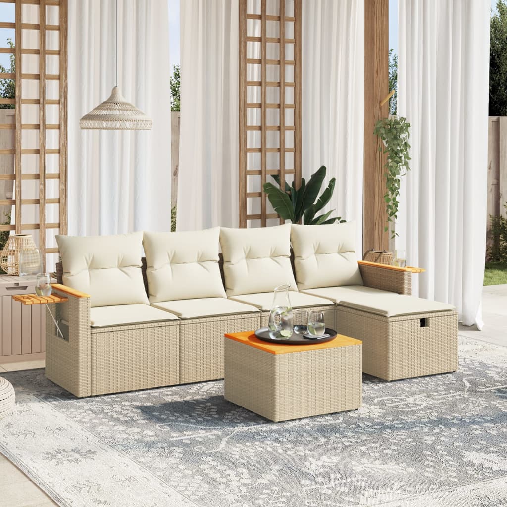 vidaXL 6-tlg. Garten-Sofagarnitur mit Kissen Beige Poly Rattan