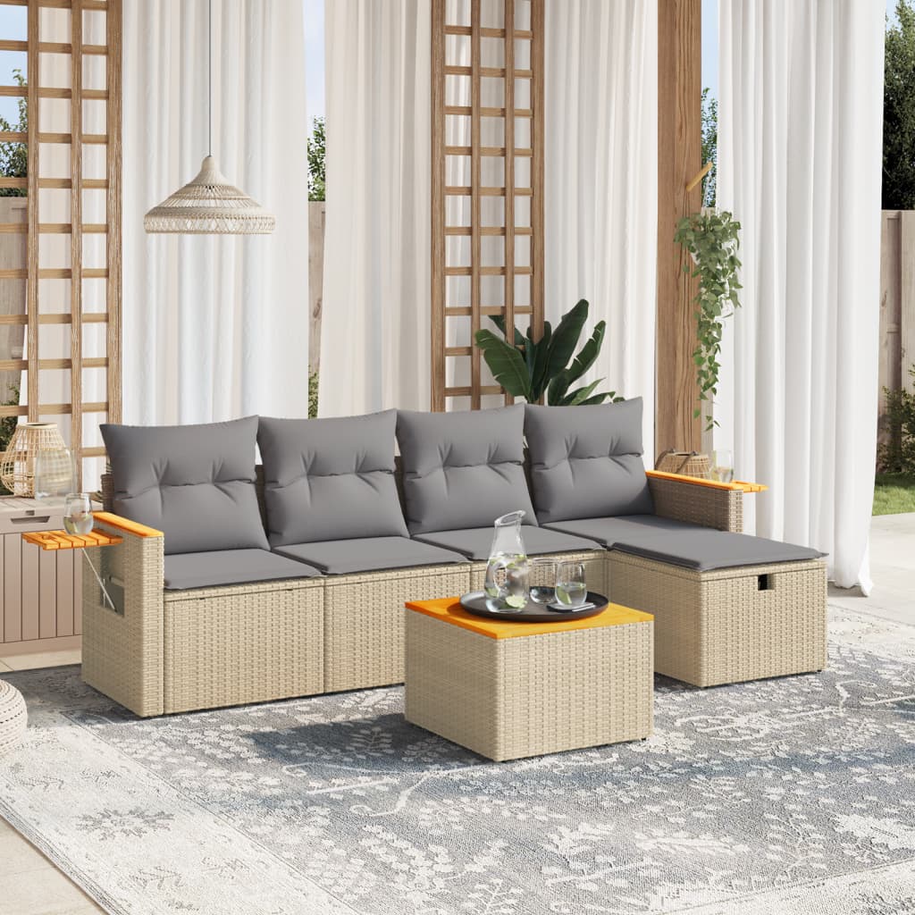 6-tlg. Garten-Sofagarnitur mit Kissen Beige Poly Rattan