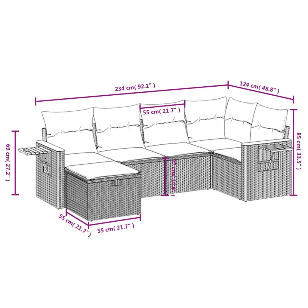 vidaXL 6-delige Loungeset met kussens poly rattan zwart afbeelding