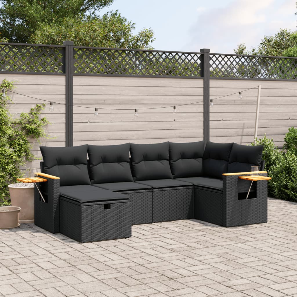 6-tlg. Garten-Sofagarnitur mit Kissen Schwarz Poly Rattan