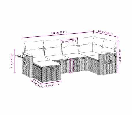 vidaXL 6-tlg. Garten-Sofagarnitur mit Kissen Beige Poly Rattan