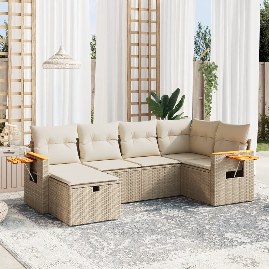 vidaXL 6-tlg. Garten-Sofagarnitur mit Kissen Beige Poly Rattan