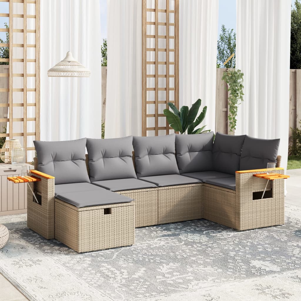 vidaXL 6-tlg. Garten-Sofagarnitur mit Kissen Beige Poly Rattan