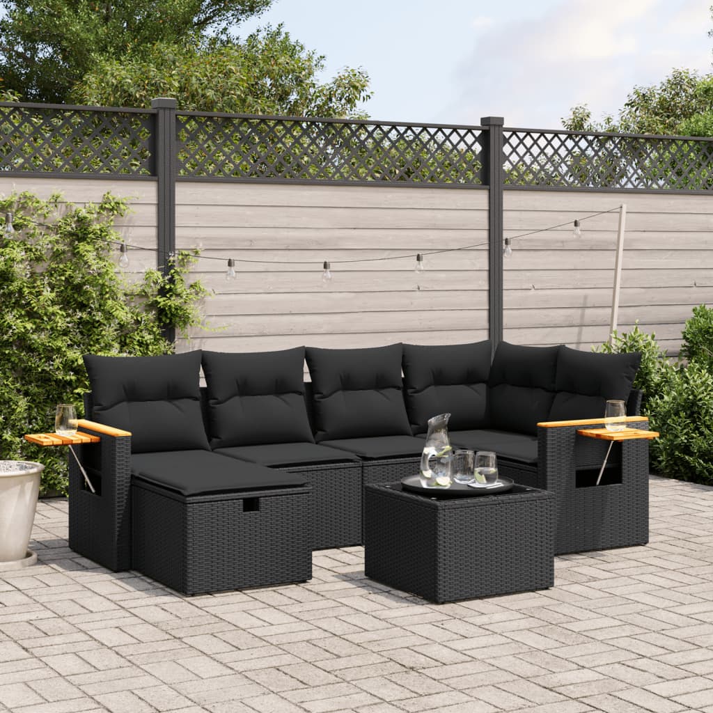 vidaXL 7-tlg. Garten-Sofagarnitur mit Kissen Schwarz Poly Rattan