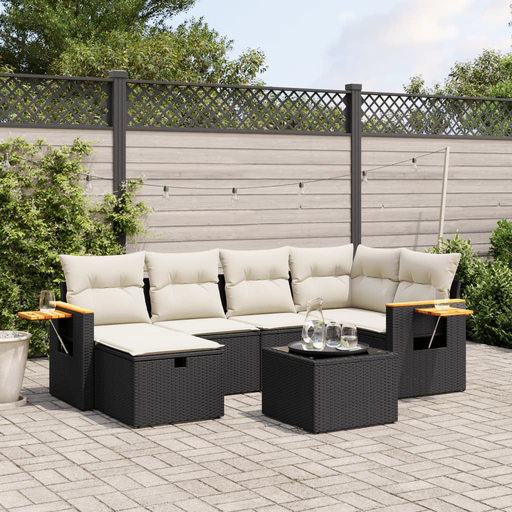 vidaXL 7-tlg. Garten-Sofagarnitur mit Kissen Schwarz Poly Rattan