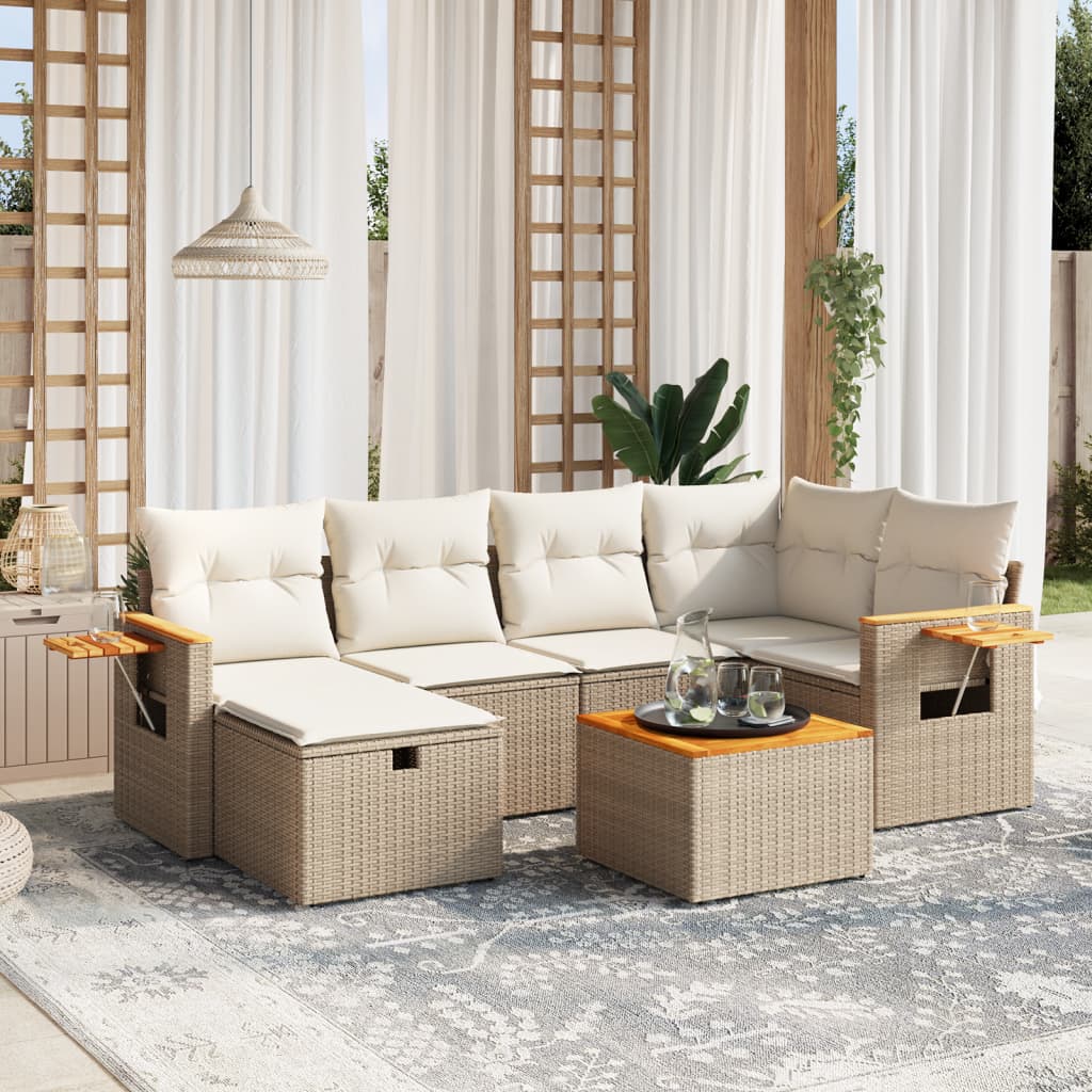 vidaXL 7-tlg. Garten-Sofagarnitur mit Kissen Beige Poly Rattan