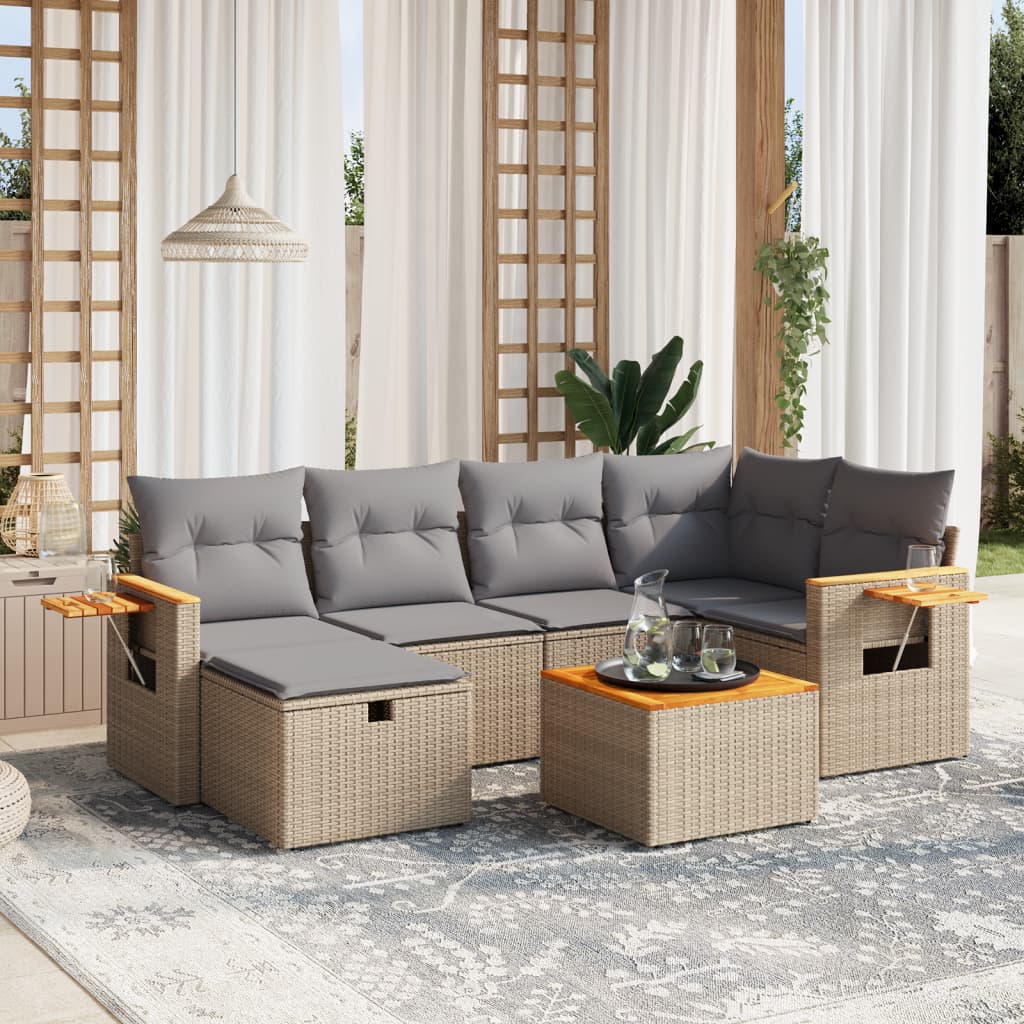 vidaXL 7-tlg. Garten-Sofagarnitur mit Kissen Beige Poly Rattan