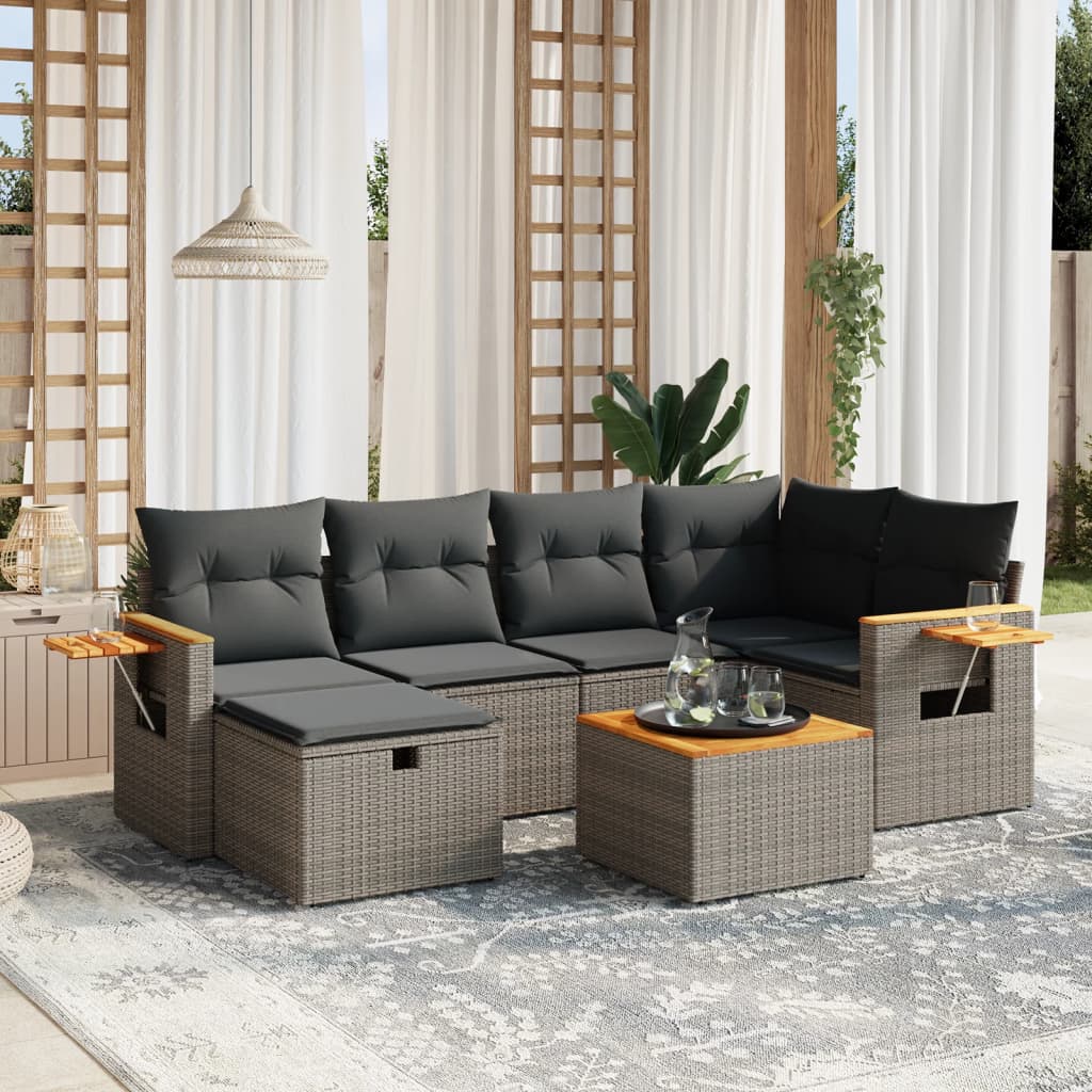 7-tlg. Garten-Sofagarnitur mit Kissen Grau Poly Rattan