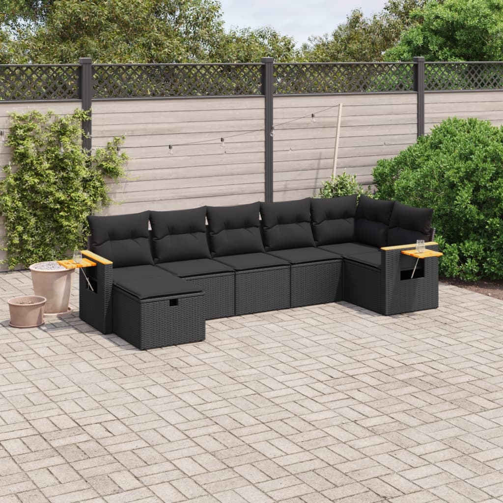 vidaXL 7-tlg. Garten-Sofagarnitur mit Kissen Schwarz Poly Rattan