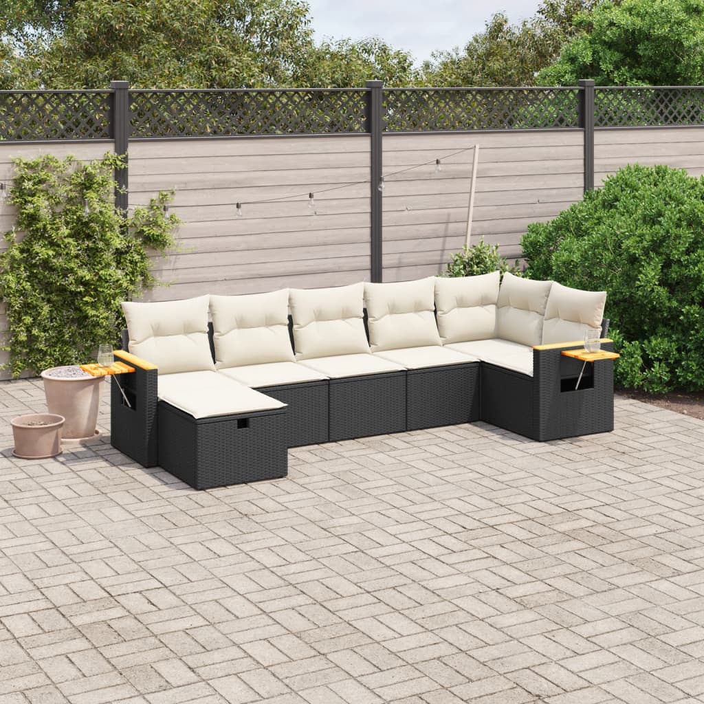 vidaXL 7-tlg. Garten-Sofagarnitur mit Kissen Schwarz Poly Rattan