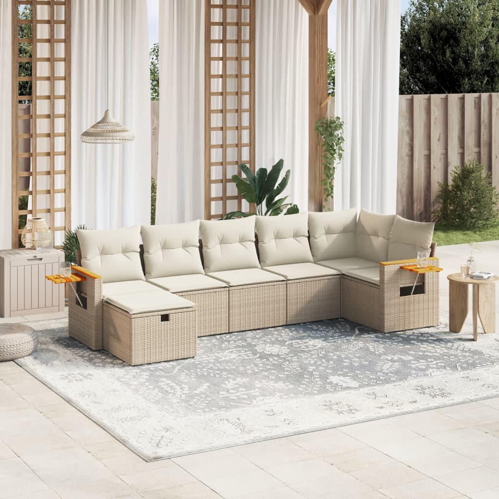 vidaXL 7-tlg. Garten-Sofagarnitur mit Kissen Beige Poly Rattan