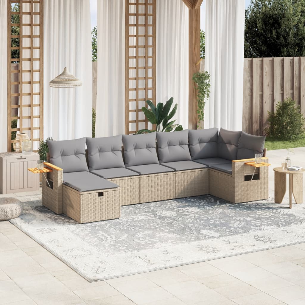 vidaXL 7-tlg. Garten-Sofagarnitur mit Kissen Beige Poly Rattan