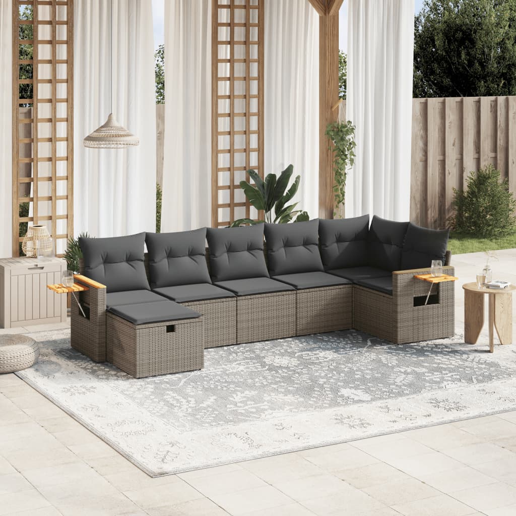 7-tlg. Garten-Sofagarnitur mit Kissen Grau Poly Rattan