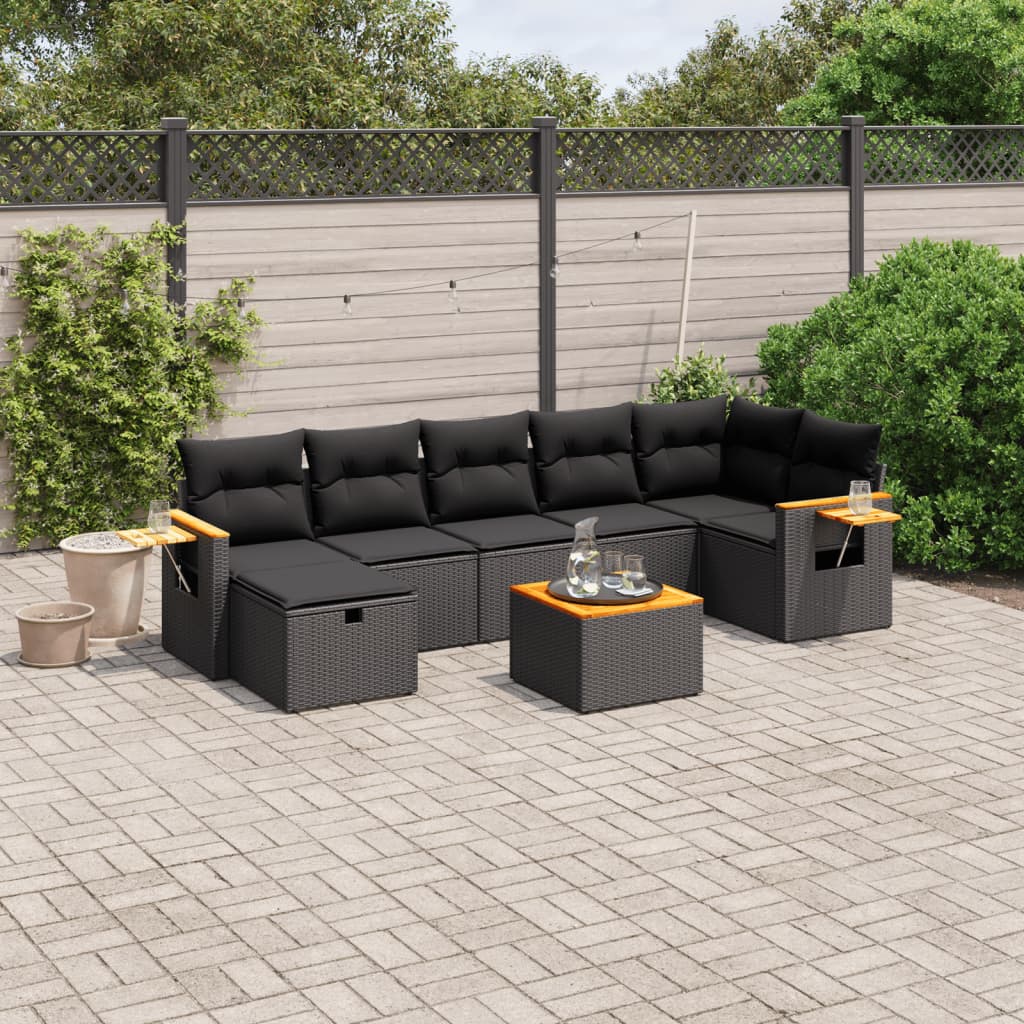 8-tlg. Garten-Sofagarnitur mit Kissen Schwarz Poly Rattan