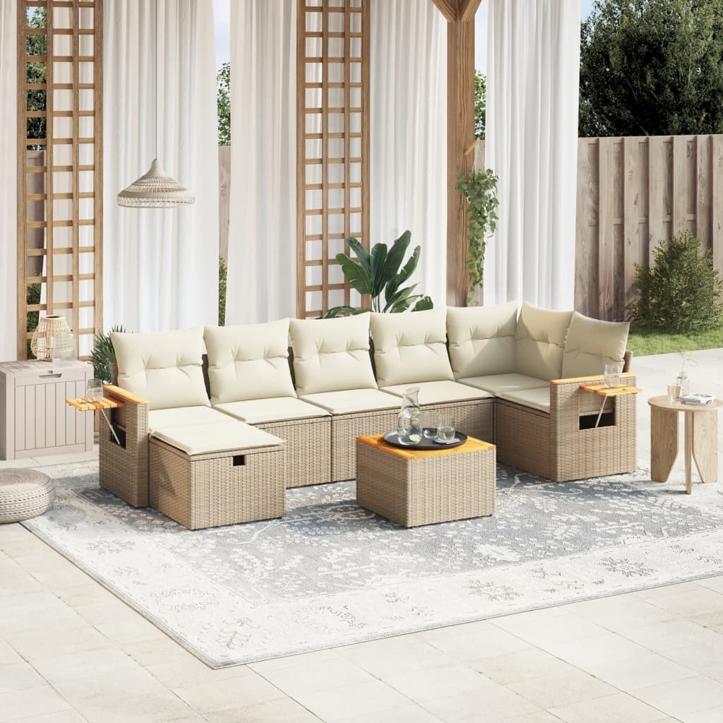 8-tlg. Garten-Sofagarnitur mit Kissen Beige Poly Rattan