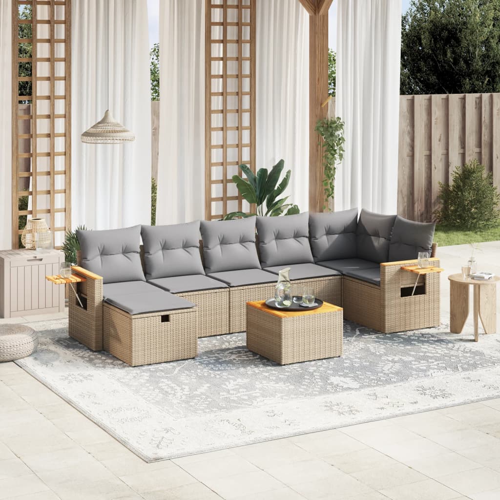 vidaXL 8-tlg. Garten-Sofagarnitur mit Kissen Beige Poly Rattan