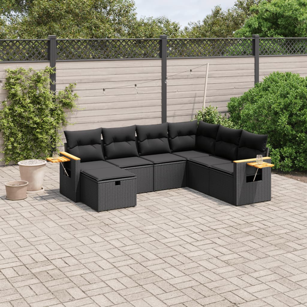 vidaXL 7-tlg. Garten-Sofagarnitur mit Kissen Schwarz Poly Rattan