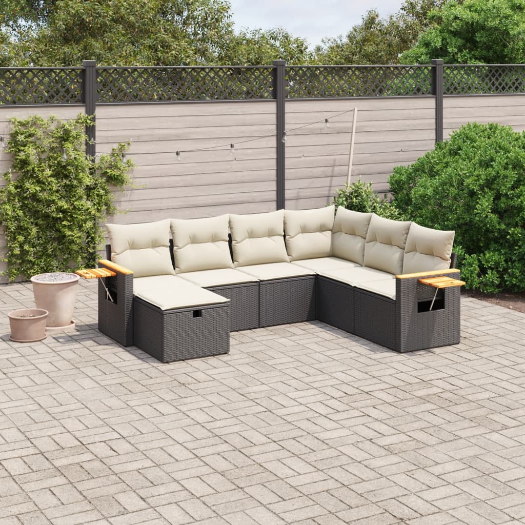 7-tlg. Garten-Sofagarnitur mit Kissen Schwarz Poly Rattan