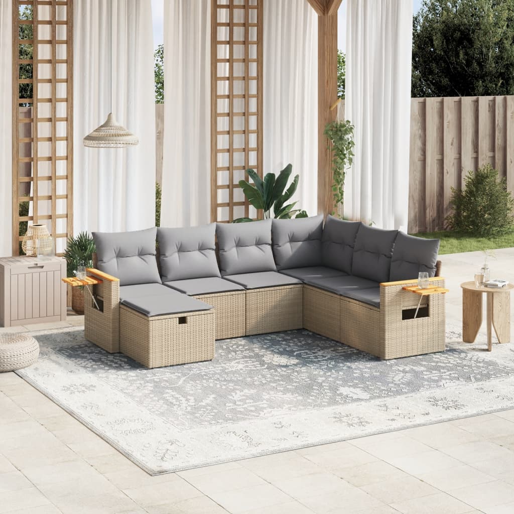 vidaXL 7-tlg. Garten-Sofagarnitur mit Kissen Beige Poly Rattan