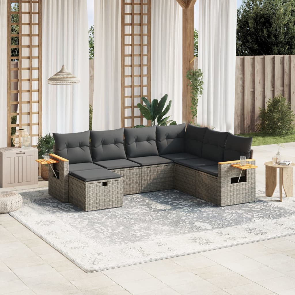 vidaXL 7-tlg. Garten-Sofagarnitur mit Kissen Grau Poly Rattan