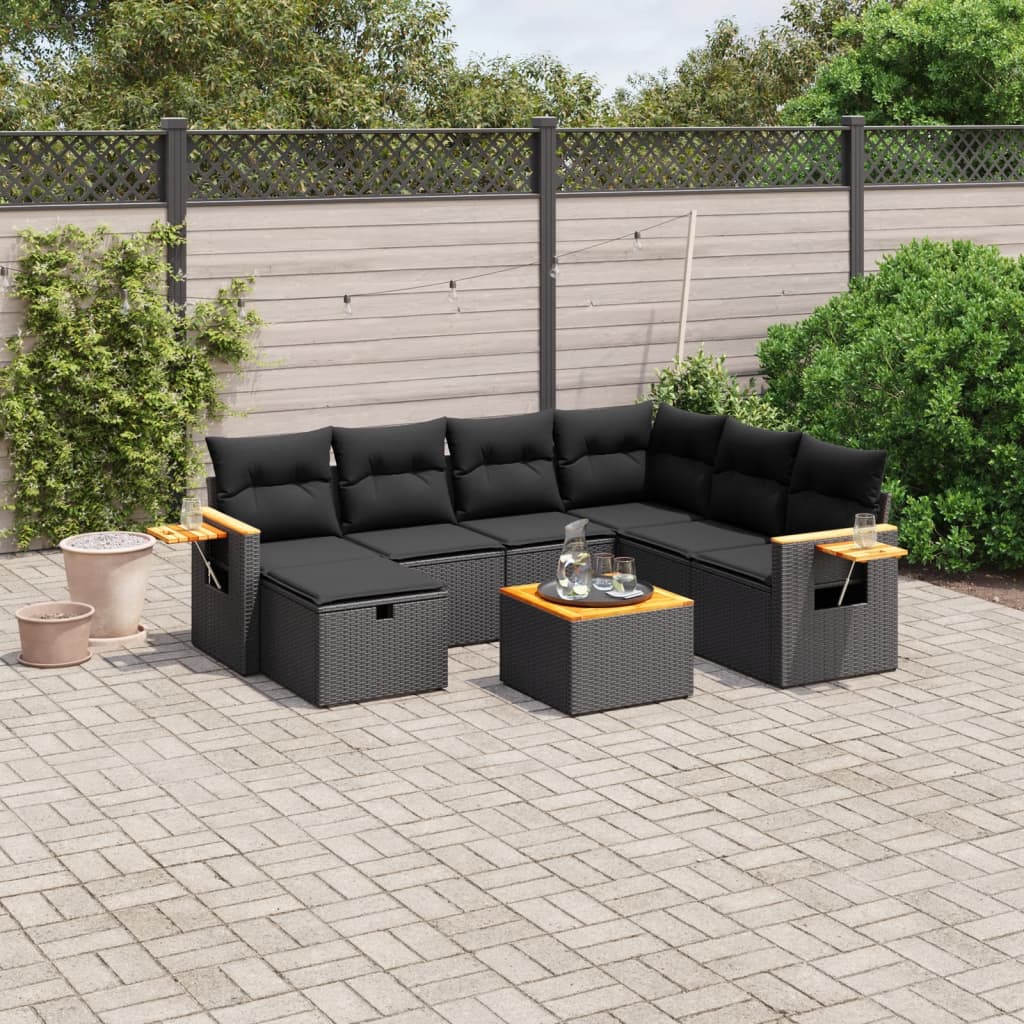 vidaXL 8-tlg. Garten-Sofagarnitur mit Kissen Schwarz Poly Rattan