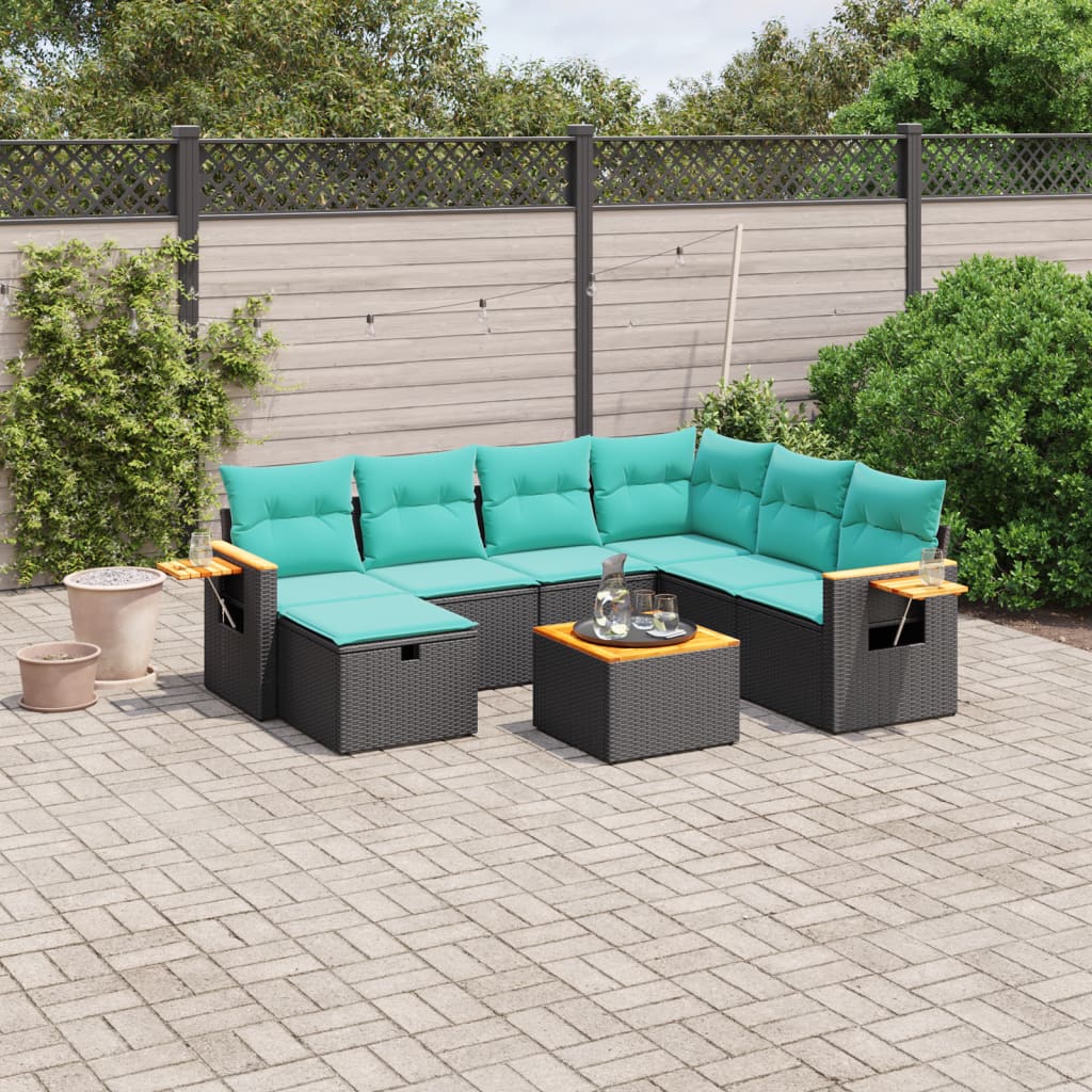 8 Piece Patio Sofa Set with Cushions Black Poly Rattan
