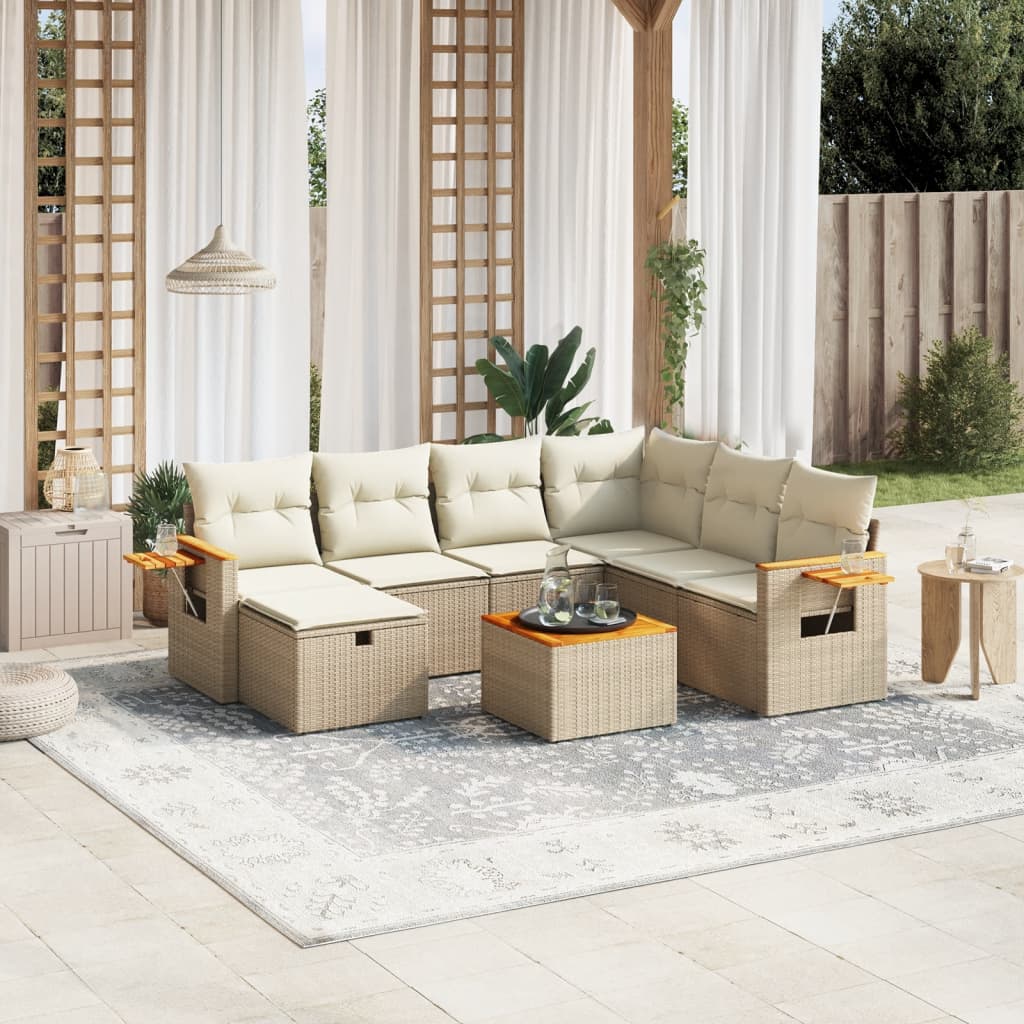 vidaXL 8-tlg. Garten-Sofagarnitur mit Kissen Beige Poly Rattan