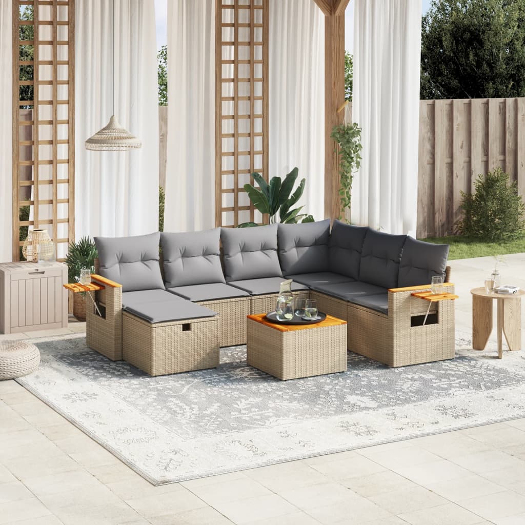 vidaXL 8-tlg. Garten-Sofagarnitur mit Kissen Beige Poly Rattan