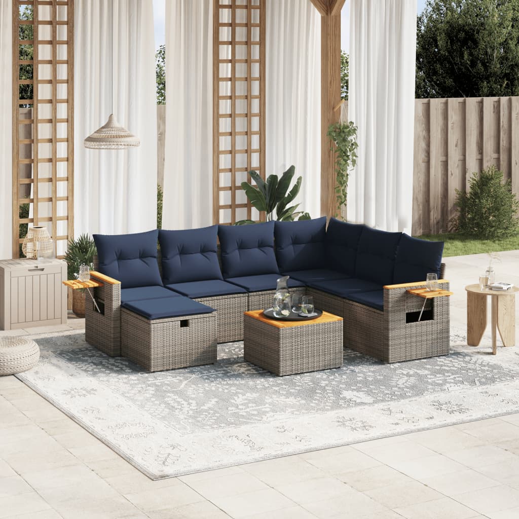 Set de sofás de jardín 8 pzas con cojines ratán sintético gris