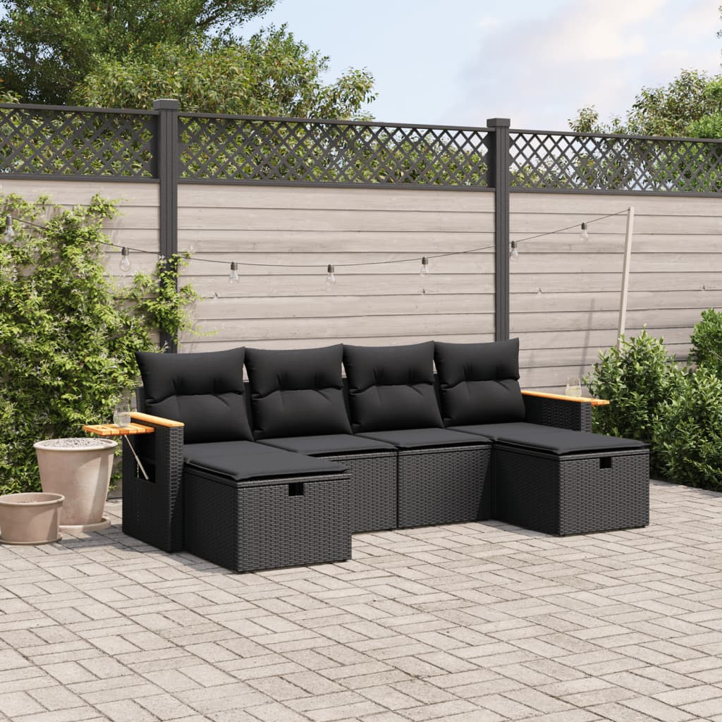 vidaXL 6-tlg. Garten-Sofagarnitur mit Kissen Schwarz Poly Rattan