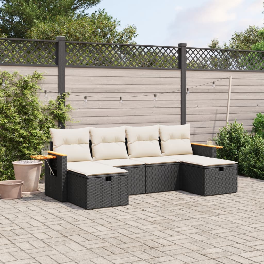 vidaXL 6-tlg. Garten-Sofagarnitur mit Kissen Schwarz Poly Rattan