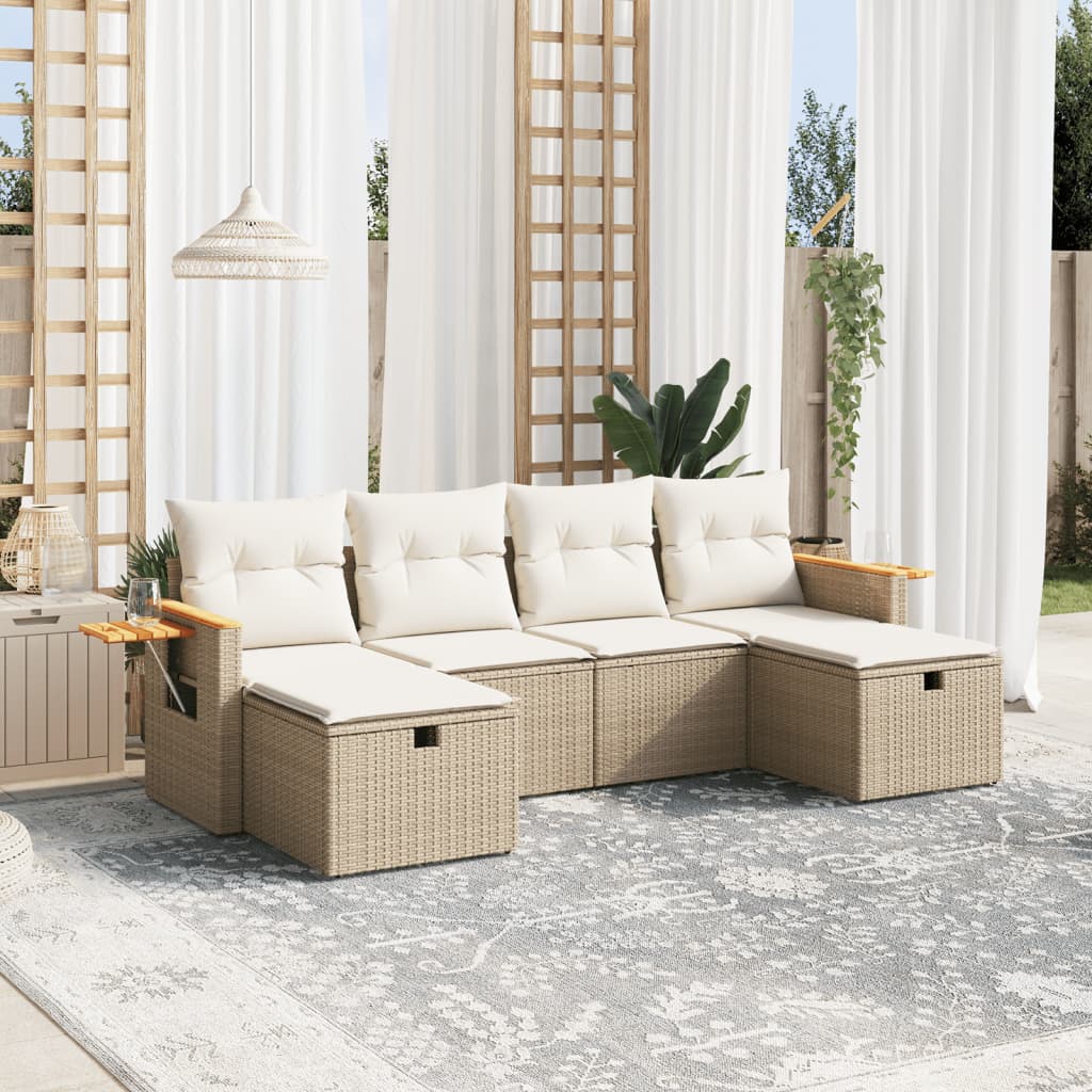 vidaXL 6-tlg. Garten-Sofagarnitur mit Kissen Beige Poly Rattan