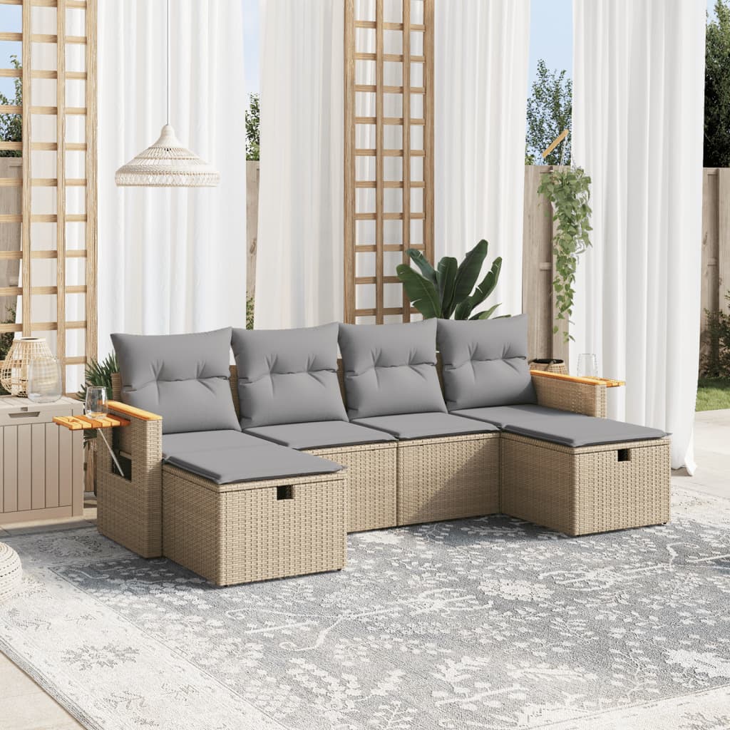 vidaXL 6-tlg. Garten-Sofagarnitur mit Kissen Beige Poly Rattan