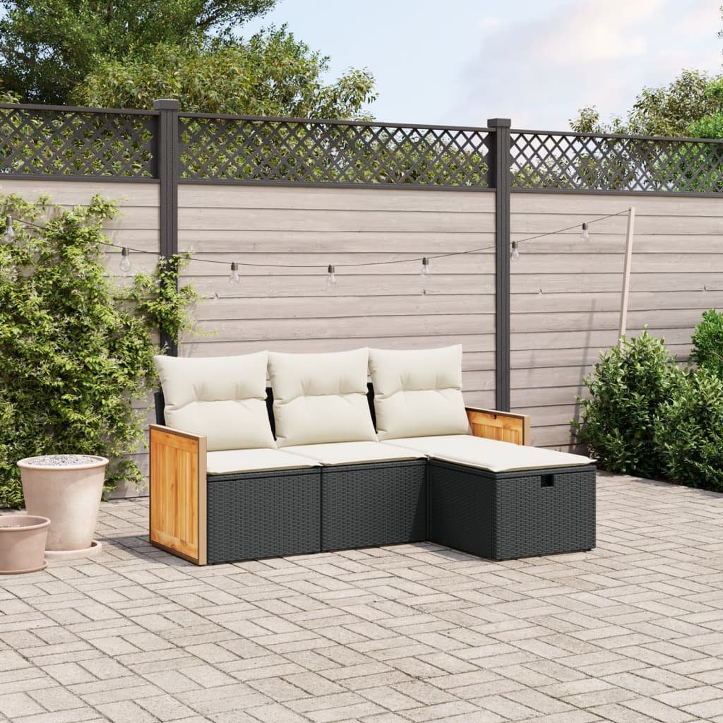 vidaXL 4-tlg. Garten-Sofagarnitur mit Kissen Schwarz Poly Rattan