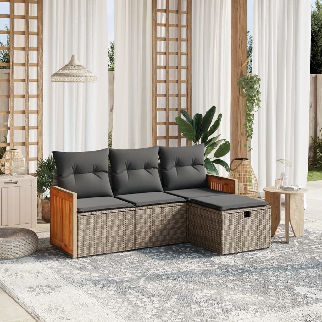 4-tlg. Garten-Sofagarnitur mit Kissen Grau Poly Rattan