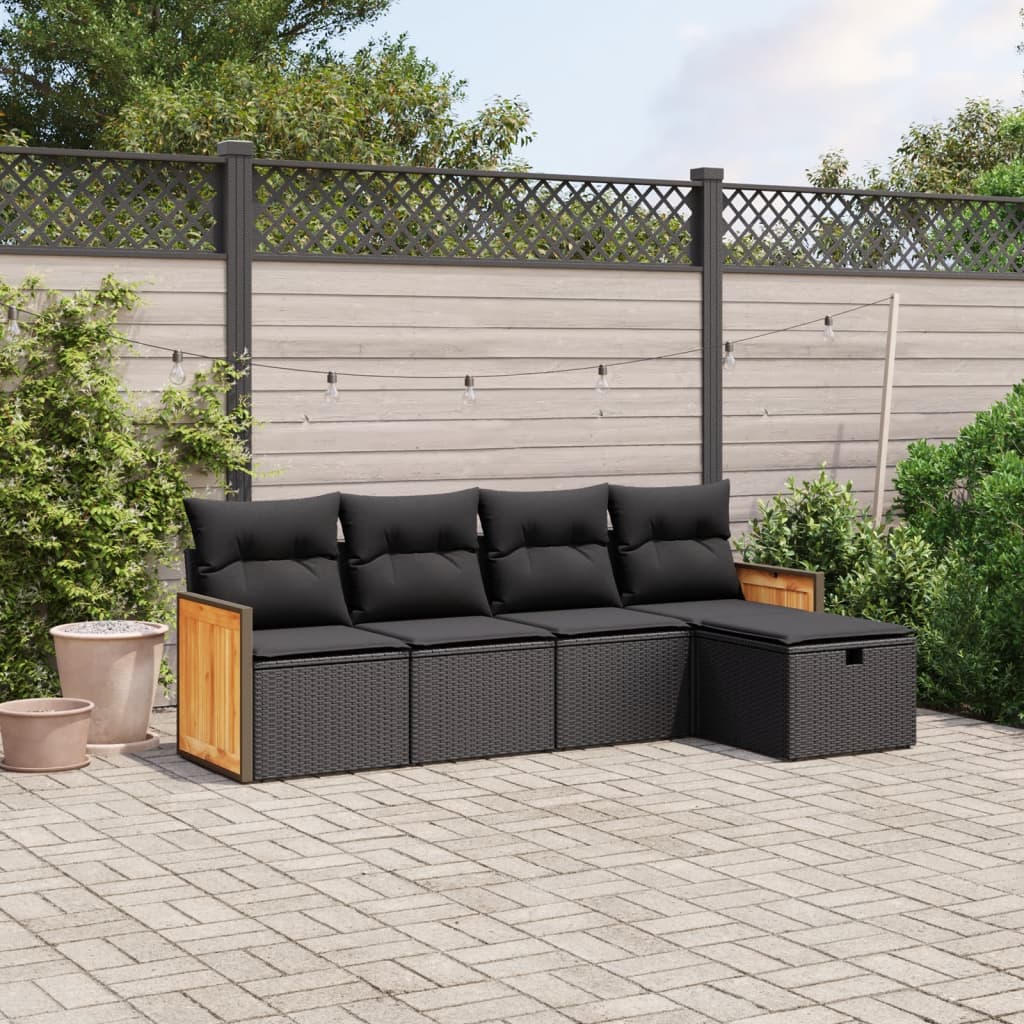 vidaXL 5-tlg. Garten-Sofagarnitur mit Kissen Schwarz Poly Rattan