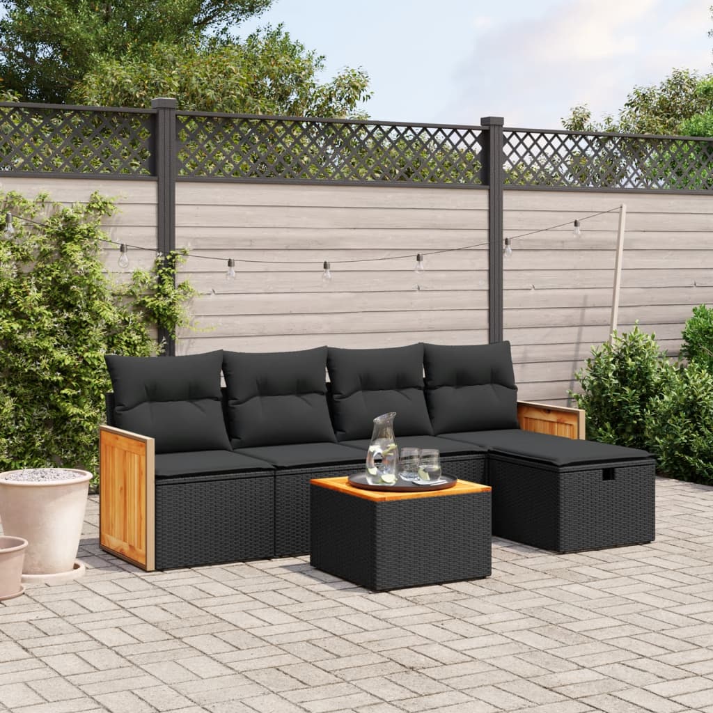 vidaXL 6-tlg. Garten-Sofagarnitur mit Kissen Schwarz Poly Rattan